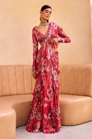 Label Sanya Gulati Floral Print Pre-Draped Ruffle Saree With Blouse 