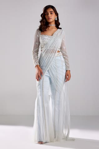 Diyarajvvir Pre-Draped Embroidered Pant Saree With Blouse 