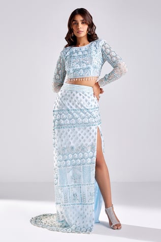 Diyarajvvir Floral Sequin Embroidered Blouse With Skirt 