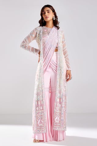 Diyarajvvir Pre-Draped Gharara Pant Saree Embroidered Cape Set 