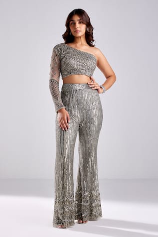 DiyaRajvvir Sequins & Beads Embroidered Crop Top With Pant 