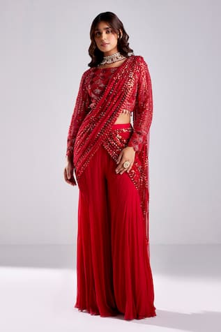 DiyaRajvvir Pre-Draped Sequin Embellished Pant Saree With Blouse 