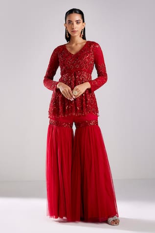 DiyaRajvvir Sequin Embellished Peplum Kurta With Gharara Pant 