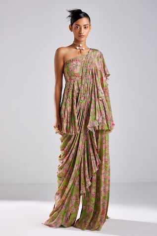DiyaRajvvir Pre-Draped Abstract Print Pant Saree With Blouse 