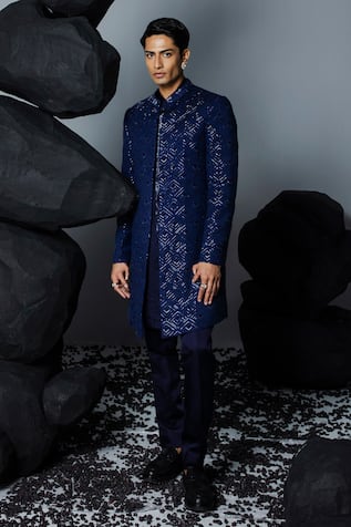 Contrast By Parth Silk Crystal Embellished Open Sherwani Set 