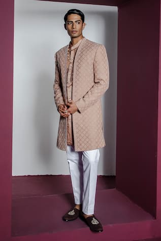 Contrast By Parth Opulent Silk Pearl Embellished Open Sherwani Set 