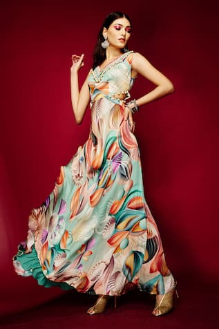 Esha L Amin Geometric Print V Neck Dress 