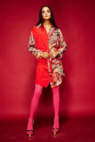 Esha L Amin Geometric Print Half & Half Shirt Dress 