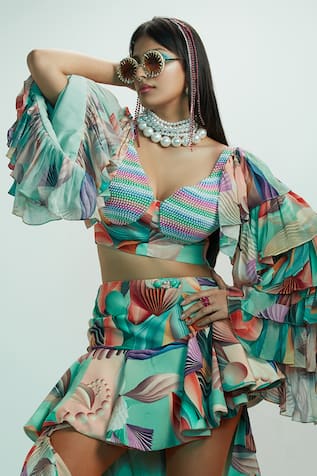 Esha L Amin Ruffle Sleeve Printed Top 