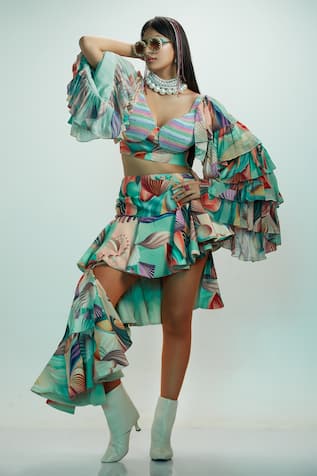 Esha L Amin Ruffle Floral Print Skirt 