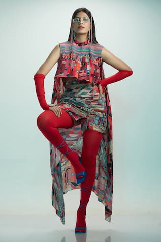 Esha L Amin Geometric Print High Low Top 