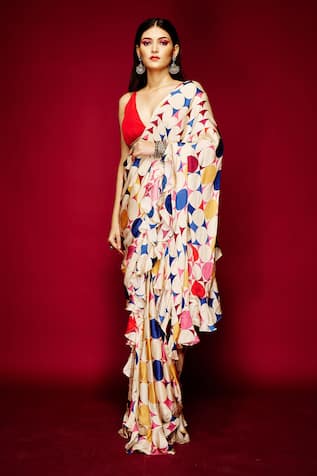 Big Polka Dot Print Pre-Draped Saree 