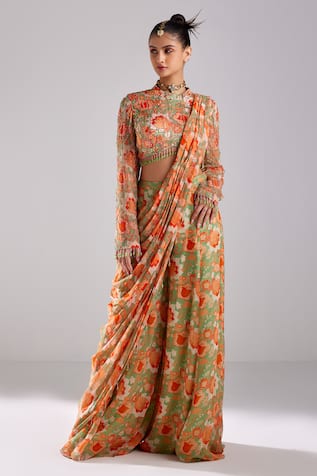 DiyaRajvvir Pre Draped Sharara Saree With Cutdana Embellished Blouse 