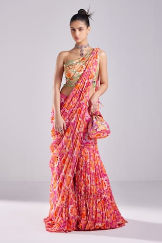 DiyaRajvvir Floral Jaal Print Pre Draped Gharara Saree Set 