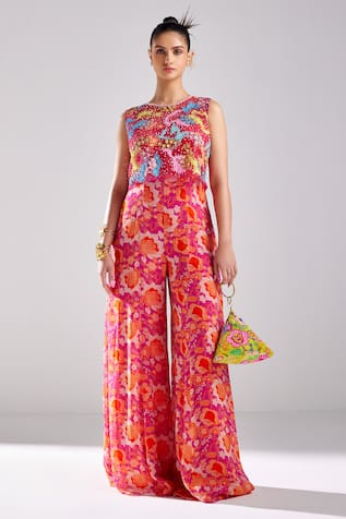 Diyarajvvir Sequin Embroidered Crop Top Jumpsuit Set 