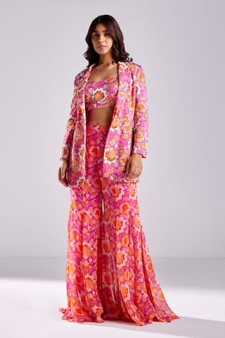 Diyarajvvir Flower Print Blazer Bell Bottom Pant Set 