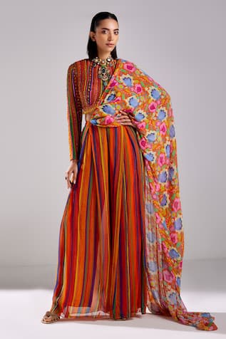 Diyarajvvir Stripe Print Pre Draped Pant Saree With Blouse 