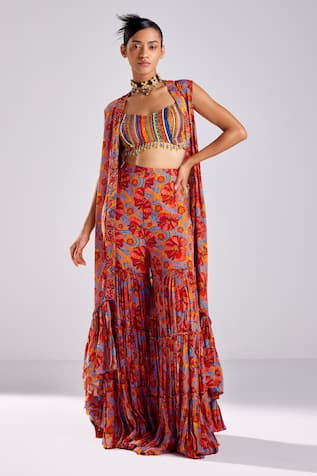Diyarajvvir Floral Garden Print High Low Cape Gharara Set 