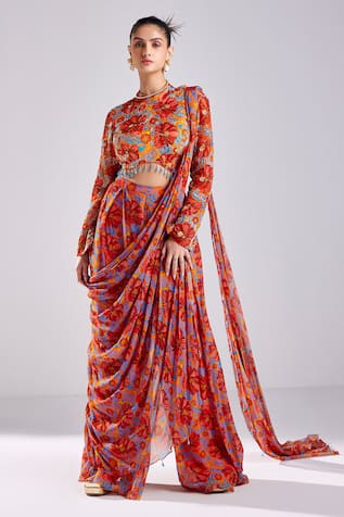 Diyarajvvir Rust Floral Wave Print Pre Draped Saree 