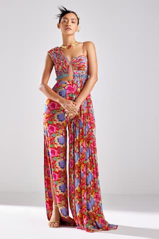 DiyaRajvvir Blossom Print Crop Top With Slit Pant 