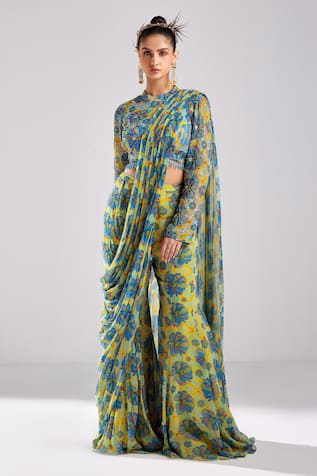 Diyarajvvir Rafflesia Bloom Print Pant Saree With Blouse 