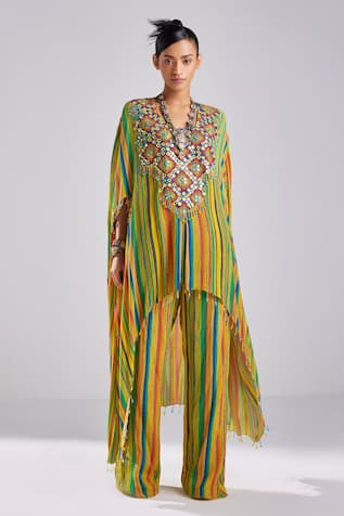 DiyaRajvvir Resham Patra Yoke Embroidered Striped Kaftan With Pant 