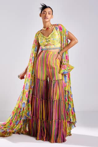Diyarajvvir Bloom Garden Print Cape Gharara Pant Set 