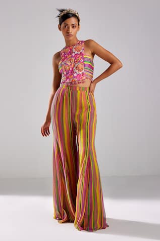 DiyaRajvvir Blossom Garden Print Crop Top With Bell Bottom Pant 