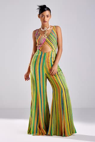 DiyaRajvvir Striped Print Embellished Cut Out Jumpsuit 