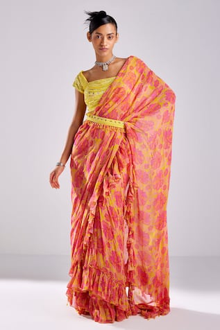 DiyaRajvvir Hibiscus Bloom Pre-Draped Ruffle Saree Set 