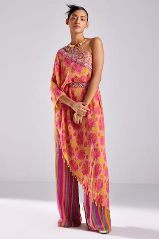 DiyaRajvvir Hibiscus Flora Print One Shoulder Kaftan & Pant Set 