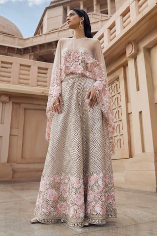 Pankaj & Nidhi Zora Asymmetric Hand Embellished Cape Sharara Set 