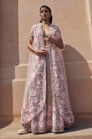 Pankaj & Nidhi Zora Floral Bloom Embellished Cape Sharara Set 