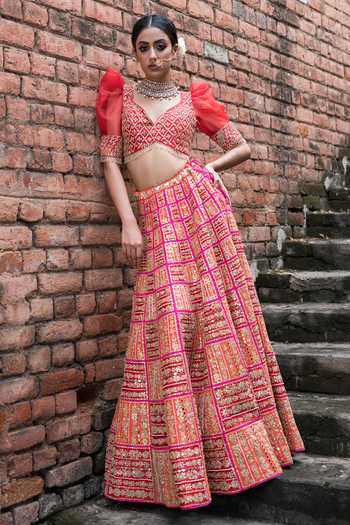 Vandana Sethi Fuchsia Colorblock Embroidered Lehenga Set 