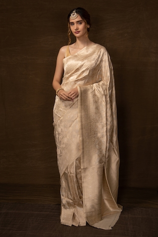 White Art Silk Saree Sari fabric India Golden Border 