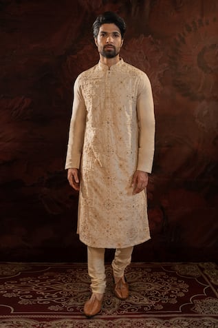 Darshika Menswear Silk French Knot Embroidered Kurta With Churidar 