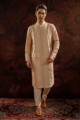 Darshika Menswear Cotton Silk Straight Pintuck Pattern Kurta With Pant 