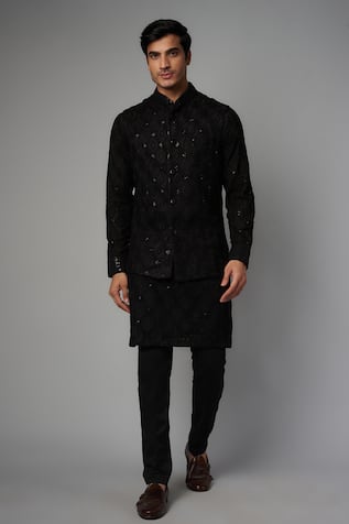 Rabani & Rakha Black Sequin Work Bundi Kurta Set 