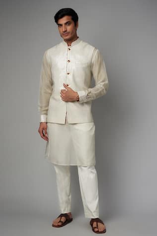 Rabani & Rakha Ivory Sequin Embroidered Bundi Kurta Set 