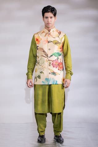 Jubinav Chadha Floral Hand Painted Nehru Jacket Set 