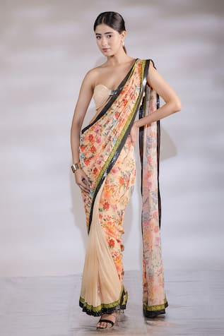 Jubinav Chadha Floral Print Pre Draped Saree With Blouse 