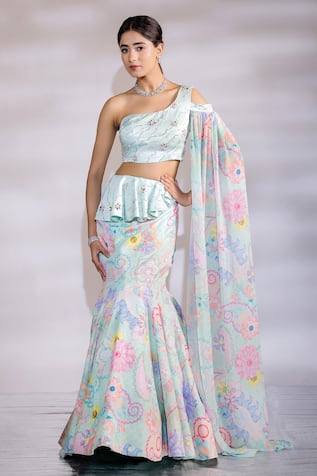 Jubinav Chadha Mermaid Floral Print Lehenga With Draped Blouse 