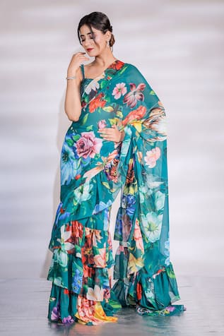 Jubinav Chadha Flower Print Ruffle Pre Draped Saree With Blouse 