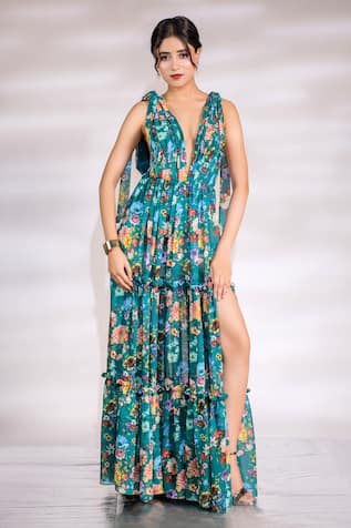 Jubinav Chadha Blossom Print Slit Gown 