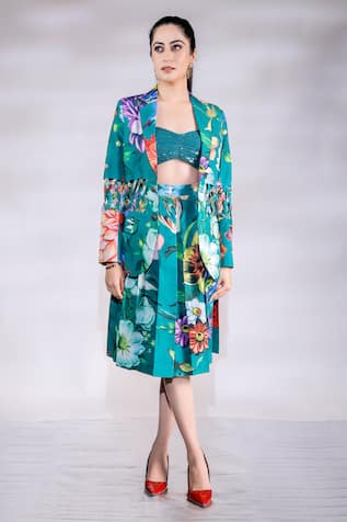 Jubinav Chadha Floral Print Blazer Skirt Set 