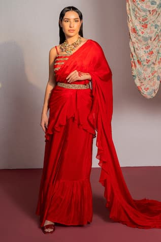 Redpine Designs Solid Ruffle Pre Draped Saree With Blouse 