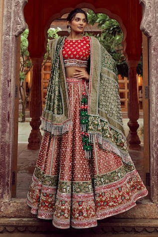 Red Bridal Lehenga Choli Zari & Stone Work Semi Stitched Lehenga Choli –  Lady India