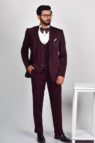 Wine Cutdana Embroidered Tuxedo Set 