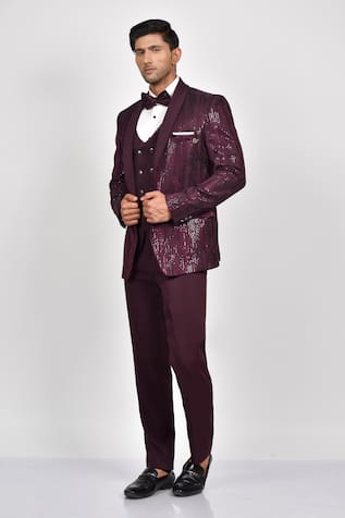 Wine Sequin Embroidered Tuxedo Set For Kids