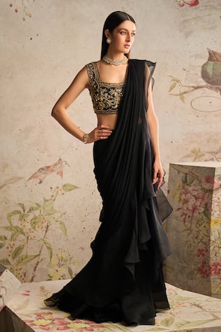 Ridhi Mehra Mule Pre-Draped Frill Bordered Saree With Embroidered Blouse 